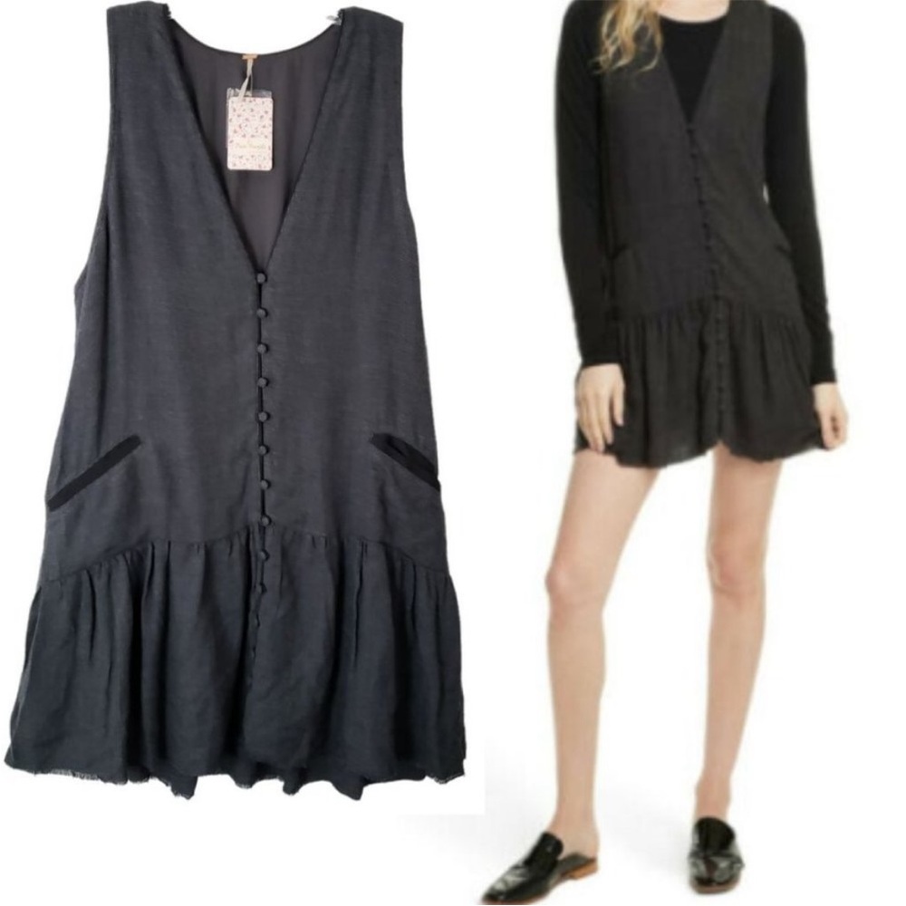 NWT Free People Anas Sleeveless Mini Dress Gray Houndstooth Button Front